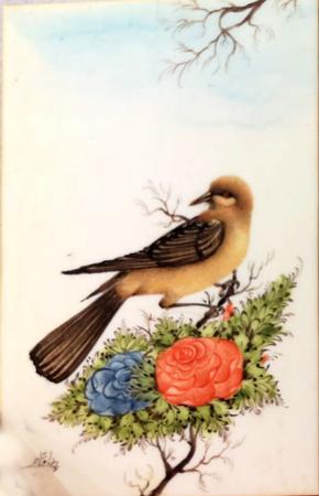 Art work by firma Illeggibile uccello sui fiori  - mixed table 